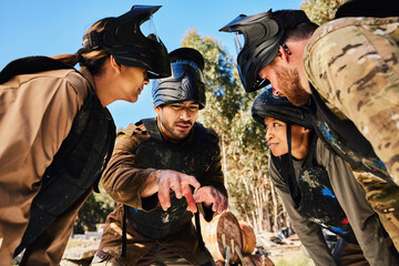 Mission, paintball or people in huddle planning strategy, teamwork or soldier training on war battlefield. Meeting, community or army soldiers speaking for support, collaboration or military group - obrazy, fototapety, plakaty