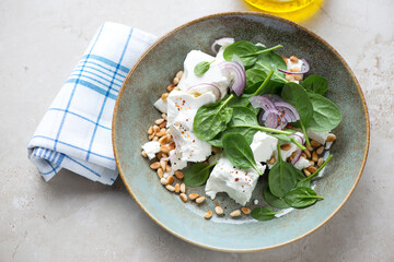 Salad with spinach leaves, feta cheese, pine nuts and red onion, horizontal shot on a light-beige stone background
