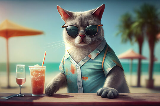 Funny cat drinking cocktails at the bar. Beach ocean view. Summer vacation, holidays concept. Generative AI.