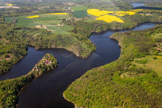 aerial view of vltava river with castle zvikov, czech republic