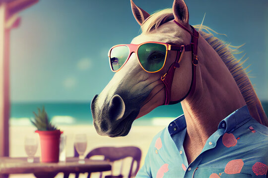 Handsome horse at the beach ocean view. Funny Summer vacation, holidays concept. Generative AI.