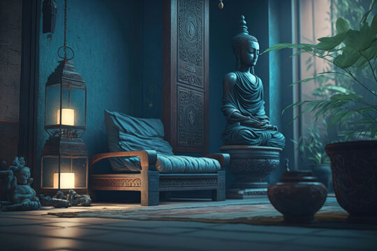 Meditation space: Blue interior with Buddha and other meditation equipment in a calm atmosphere | Generative AI Production