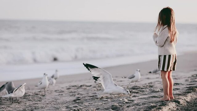 happy little baby girl is feeding seaguls at the ocean shore. having fun on an autumn beach
