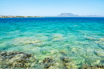 Crystal clear waters of the Mediterranean Sea in Datca resort town of Mugla, Turkey.