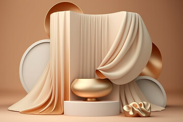 3D Display with stage wrapped in soft colored silk fabrics