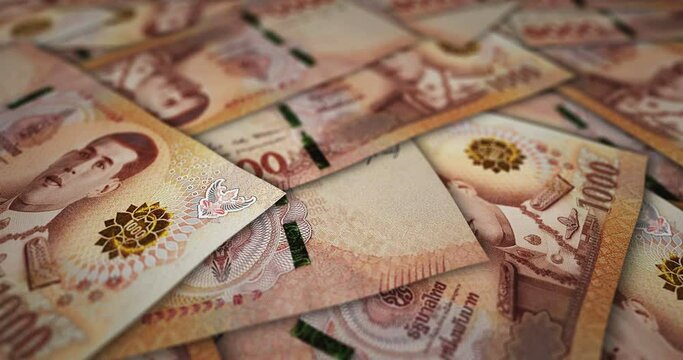 Thai Baht 1000 THB banknote surface. Flying over Thailand money note. 3D abstract concept of business, inflation, economy, finance, crisis and banking.