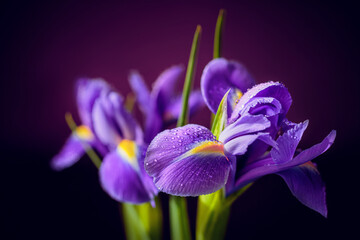 Beautiful purple iris flowers with drops on dark blurred background