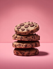 Stack of fresh outmeal cookies with chocolate chips on pink background. Generative AI