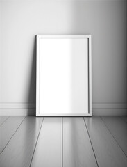 Frame mockup for photo, print, painting, artwork and presentation standing on the wooden floor. Generative AI