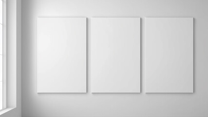 Empty horizontal collage three frames isolated on the white wall, creative mood board mockup template in living room interior