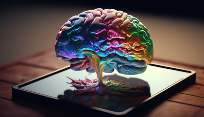 A tablet computer absorbs a brain, concept of the Internet and computer dependence created with generative AI technology - obrazy, fototapety, plakaty