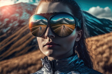 Fototapeta Young female cyclist portrait wearing sunglasses with wondrous reflection of natural environment of mountain landscape and beautiful sky, Fitness and extreme sport in the peak concept Generative AI obraz