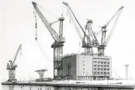 cranes in port with building