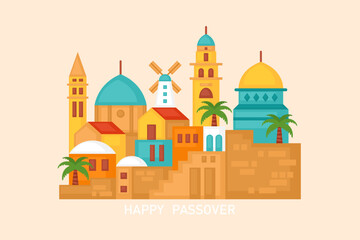 Fototapeta premium Happy Passover greeting card design with Jerusalem city skyline. Vector illustration