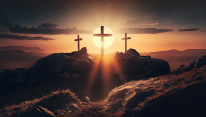 Three crosses on the hill with sunlight on a background. AI generated high quality image - 580038260