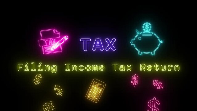filing income tax return Neon yellow-blue Fluorescent Text Animation on black background