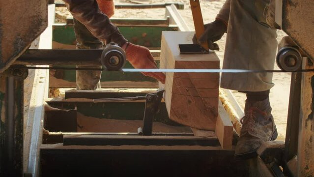 Enter the world of the sawmill and watch as workers use their saws to transform the forest into usable wood, cutting it down into firewood and shavings with skilled hands and intense close-up shots