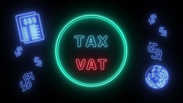tax vat Neon blue-Red Fluorescent Text Animation green frame on black background