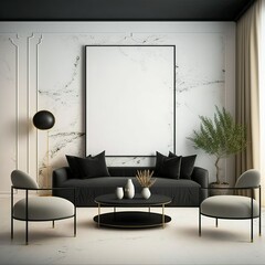 Mockup poster frame on the wall of living room. Luxurious apartment background with contemporary design. Modern interior design. 3D render, 3D illustration