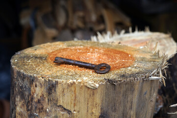 Old and rusty key lying on wood.