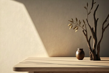wooden table mockup on beige stucco background in photography