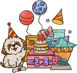 Pets birthday party. Drawing of pets Cartoon, happy at the birthday party, having fun, greeting card.