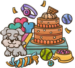 Pets birthday party. Drawing of pets Cartoon, happy at the birthday party, having fun, greeting card.