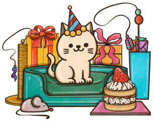 Pets birthday party. Drawing of pets Cartoon, happy at the birthday party, having fun, greeting card.