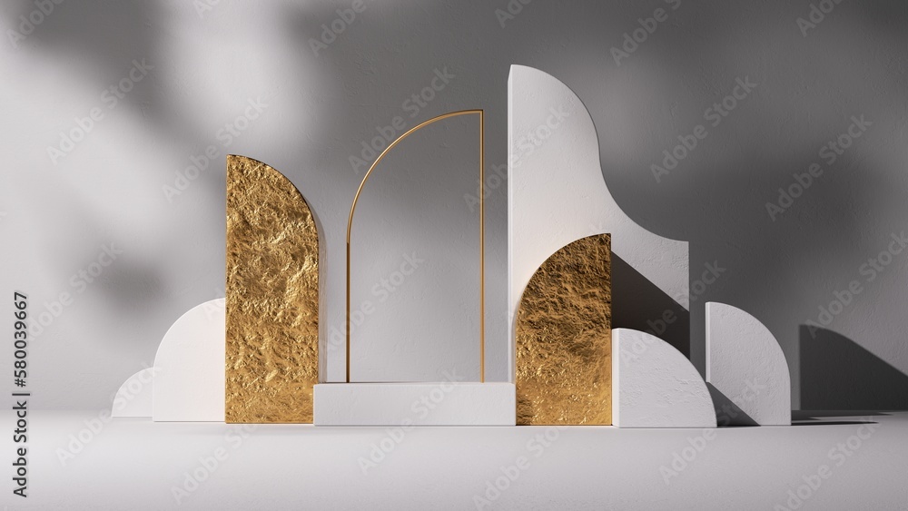 Poster 3d render, abstract minimalist background with podium, gold arch, geometric blocks and shadow. vacan