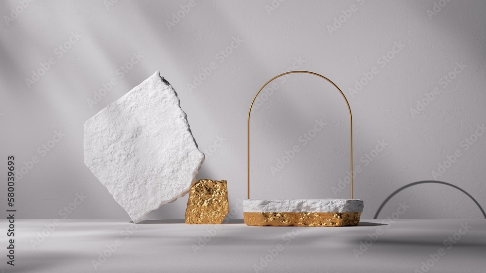 Poster 3d render, abstract background with golden arch and stone ruins. minimalist scene with cobblestone p