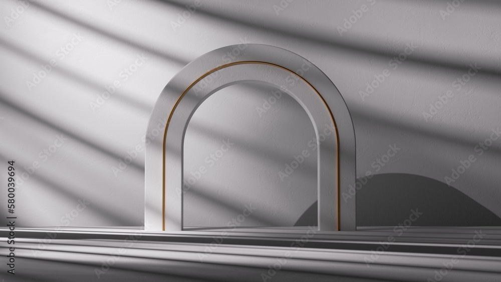 Poster 3d render, abstract white background with shadow and arch. minimalist showcase scene for product pre