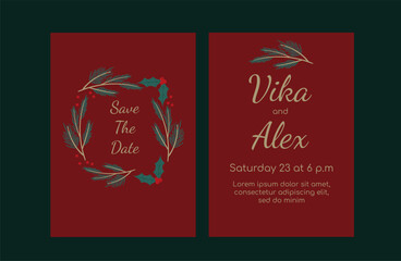 Winter luxury Wedding invitation card with wreath. Christmas Save Date card with spruce branches and mistletoe 