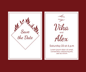Save date wedding invitation card with floral, botanical illustrations