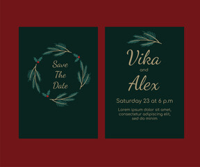 Winter luxury Wedding invitation card with wreath. Christmas Save Date card with spruce branches and mistletoe 