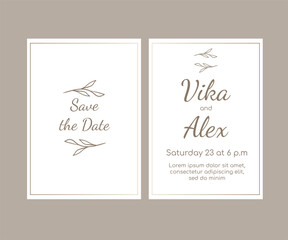 Save date boho wedding invitation card with floral, botanical illustrations
