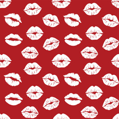vector illustration. seamless pattern with imprints of lips. pomade. red and white background. girls and women. romance. Love. style. beauty and fashion. print. sexy