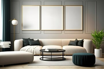 Mockup poster frame on the wall of living room. Luxurious apartment background with contemporary design. Modern interior design. 3D render, 3D illustration