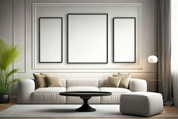 Mockup poster frame on the wall of living room. Luxurious apartment background with contemporary design. Modern interior design. 3D render, 3D illustration