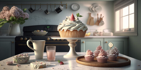 Fototapeta premium Colorful cupcakes displayed on kitchen counter, creating a bright and cheerful atmosphere. Perfect for food and baking related designs