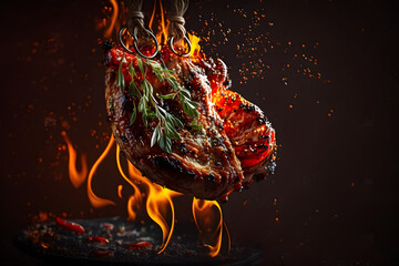 A closeup shot of a piece of meat with spices and herbs. Baked meat. Delicious dish. Generative AI technology.