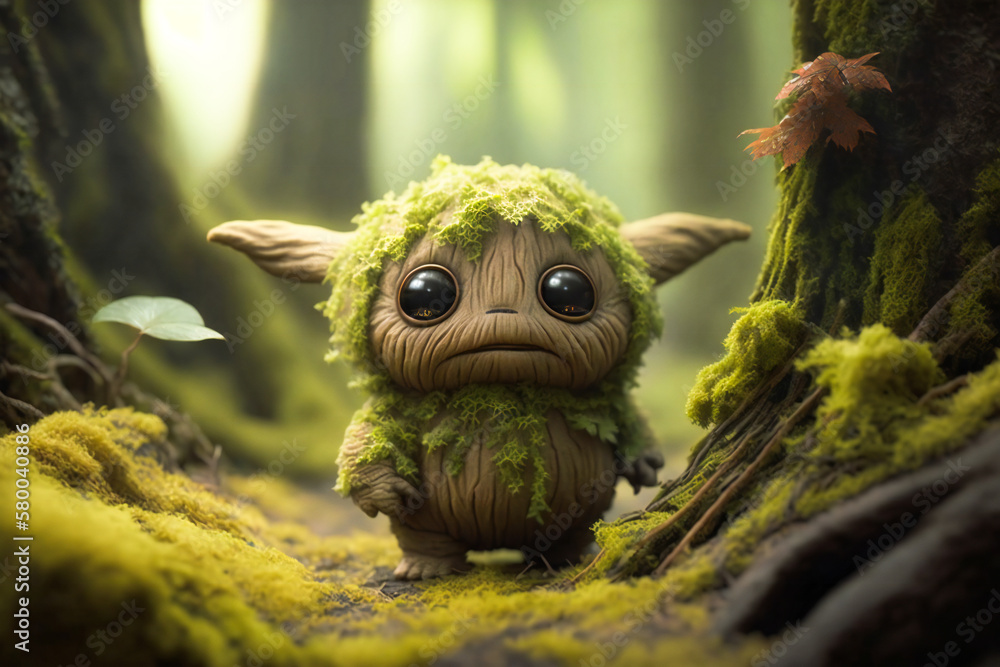 Poster tiny fantasy green creature in the woods. created with generative ai technology.