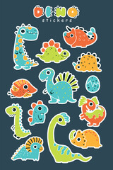 Dino baby stickers set. A collection of cute colorful dinosaurs in a simple childish hand-drawn style. Isolated vector symbols with clipping path. Bright limited palette.