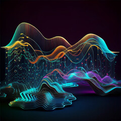 Cyber big data flow. Blockchain data fields. Network line connect stream. Concept of AI technology, digital communication, science research, 3D illustration music waves AI generated