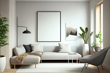 mock up poster frame in modern interior background, living room, Scandinavian style, 3D render, 3D illustration