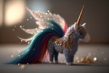 Toy soft children's horse, pony, unicorn made of textile.  Created with generative artificial intelligence.