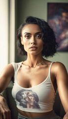 Fototapeta premium Beautiful female model with a chic haircut and fashionable clothes stands confidently in her apartment, radiating elegance and selfconfident