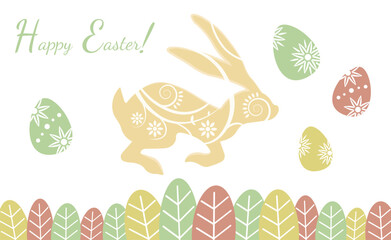 Easter holiday greeting with decorated rabbit silhouette with decorated traditional colored eggs, Christianity traditional Holiday invitation, poster, celebration card.