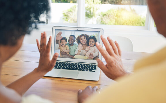 Couple, Video Call And Laptop Screen For Grandchildren With Wave, Hello And Parents In Morning For Communication. Happy Family, Grandparents Or Computer On Social Media Webinar, Chat Or Smile In Home