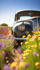 A vintage car from an earlier era, cruising through a field of vibrant wildflowers under the bright and warm summer sun