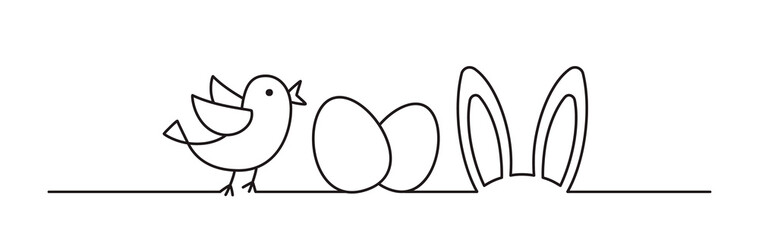 Doodle Easter bunny ears, chcken eggs and chick scribble banner hand drawn with thin line, divider shape. Png isolated on transparent background